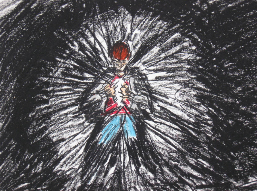 Pastel drawing of a figure with red hair emerging from a dense black scribbled background, holding a torn white shape at the chest