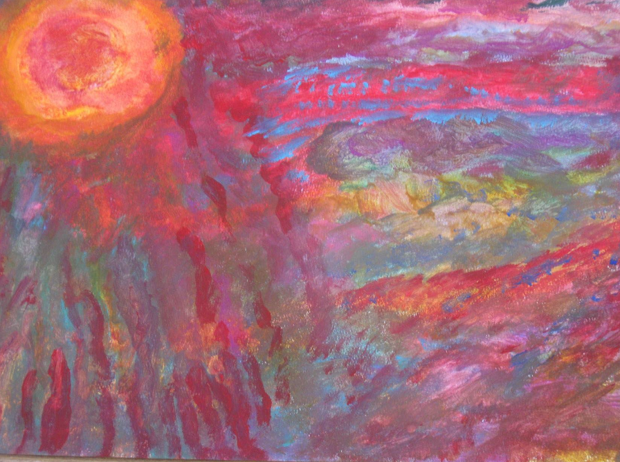 Abstract acrylic painting of a glowing sun over a red and blue landscape