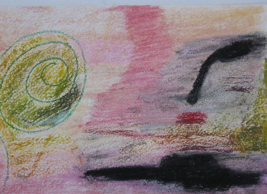 Soft pastel drawing with a green spiral and dark shapes